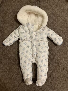 Floral Baby Puffer Snowsuit - White with Blue Flowers